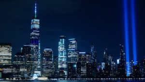 new york city with twin tower lights